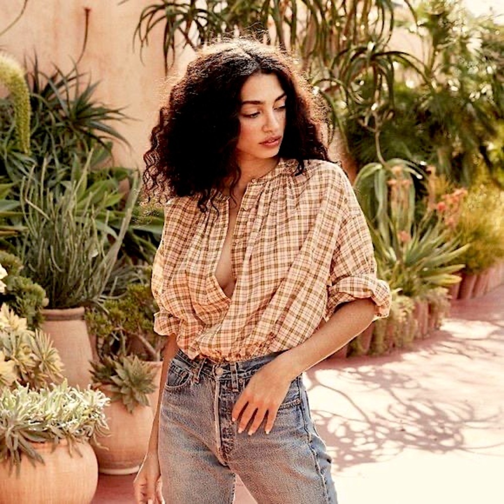 DOEN The Jane Blouse Austen Plaid Cotton Beige Pink Size XS Boho Casual
